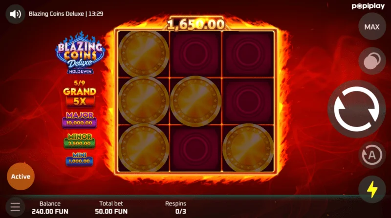 Blazing Coins Deluxe respin játék képernyő