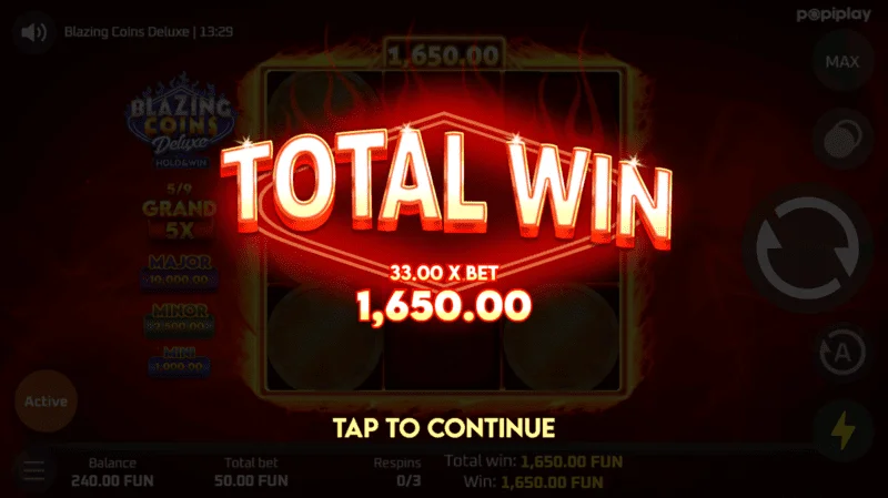 Blazing Coins Deluxe respin teljes nyeremény